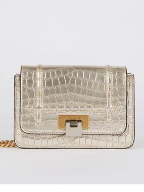 Visone Lizzy Leather Metallic Gold Croc-Embossed Shoulder Bag